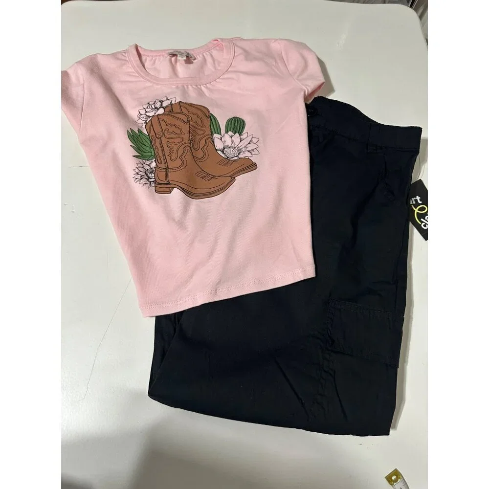 Social Academy Girl Pink Cowboy Boot Tee 10 & Art Class Wide Leg Cargo Pant L